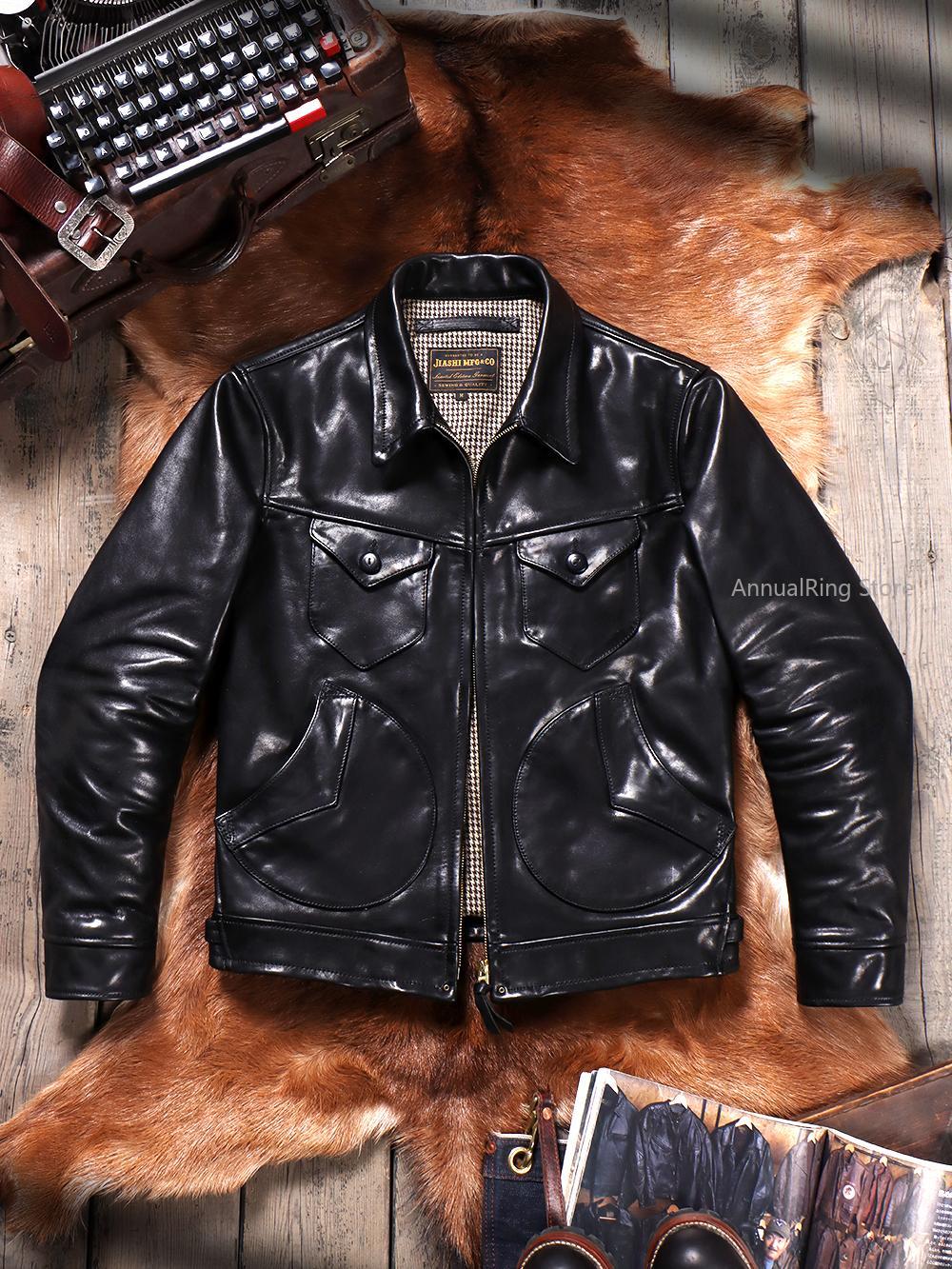 Leather Work Jacket - Grão completo batik vegetal curtido couro
