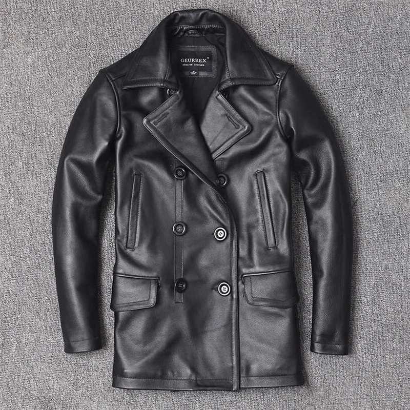 Leather Work Jacket - Jaqueta de couro genuíno masculina camada