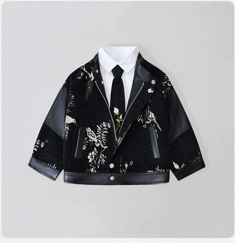 Leather Work Jacket - Cavalheiro crianças bordado motocicleta jaqueta de