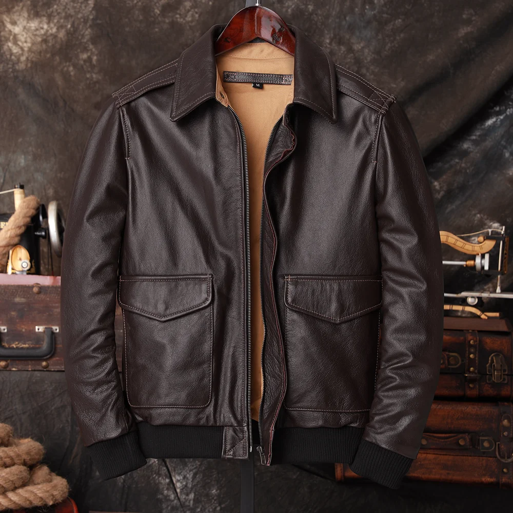 Leather Work Jacket - Jaqueta de Couro Genuíno Masculina Bomber