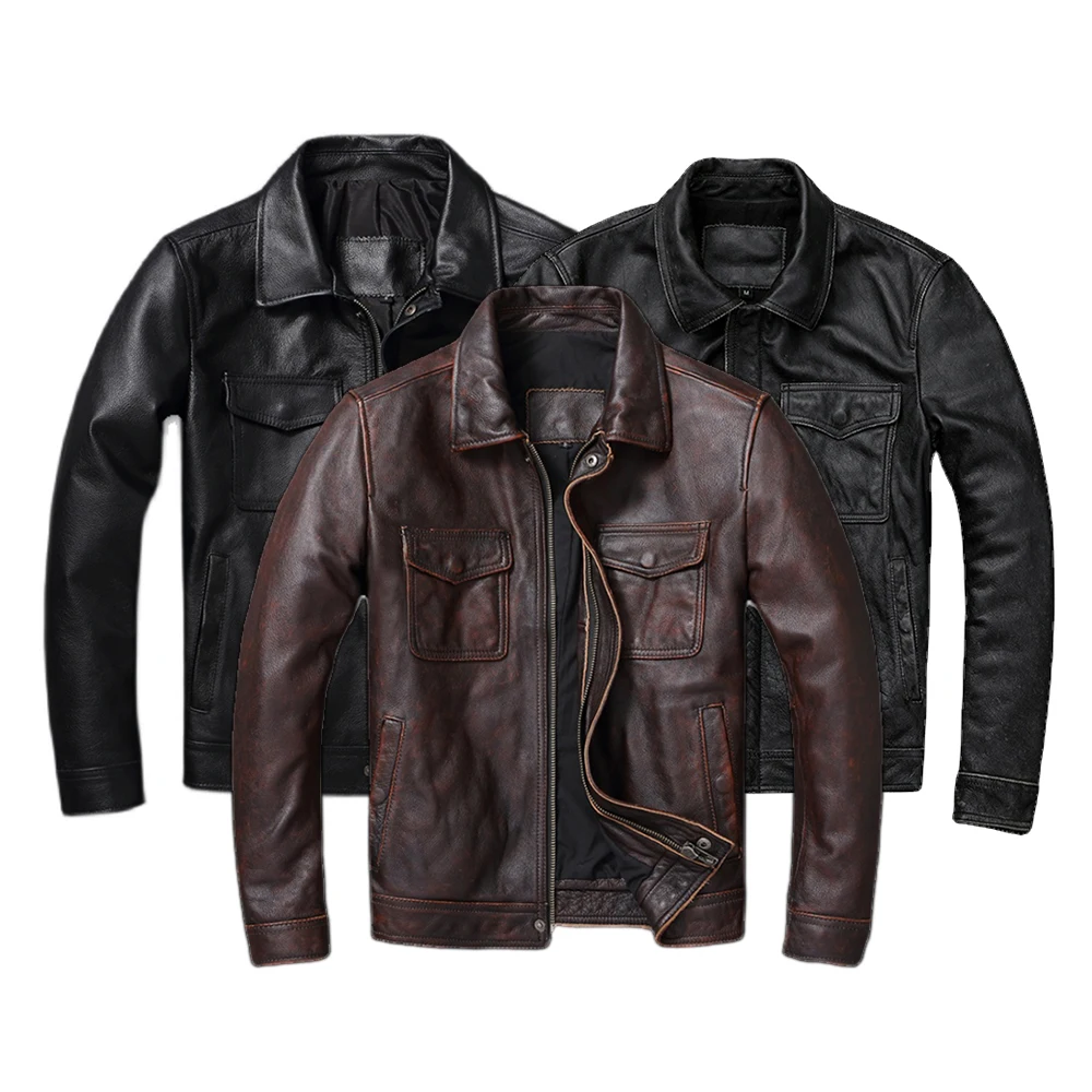 Leather Work Jacket - Jaqueta de couro genuíno marrom e