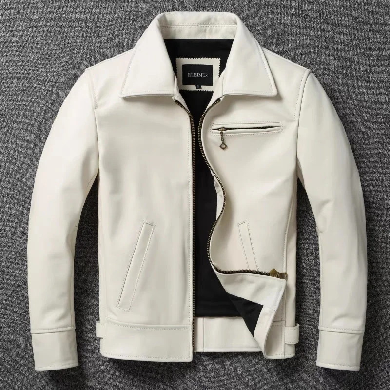 Leather Work Jacket - Jaqueta de couro genuíno masculino lapela