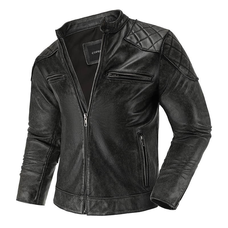 Leather Work Jacket - Jaqueta de couro retrô masculina, terno